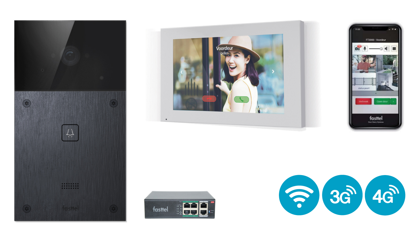 FT600VK Doorphone Entry video kit, de totaaloplossing voor je intercom. Intercom buitenpost, binnenpost, switch en connectie met je GSM